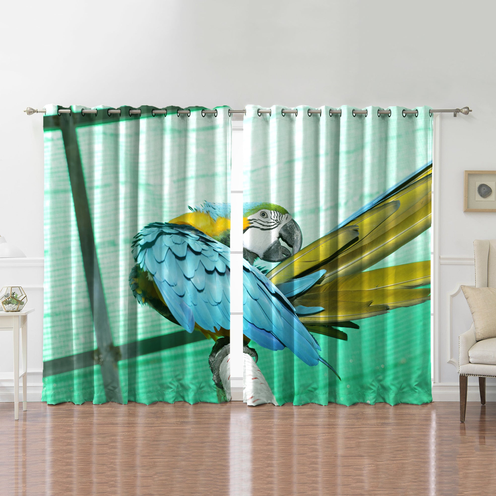 Awesome hoodied Blue Parrots Printed 3D Grommet Window Curtains - HB00055