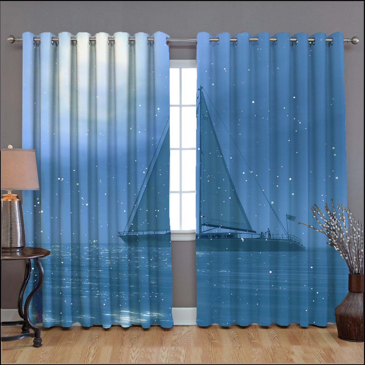 Awesome hoodied Boat and Stars Printed 3D Grommet Window Curtains - HB00049