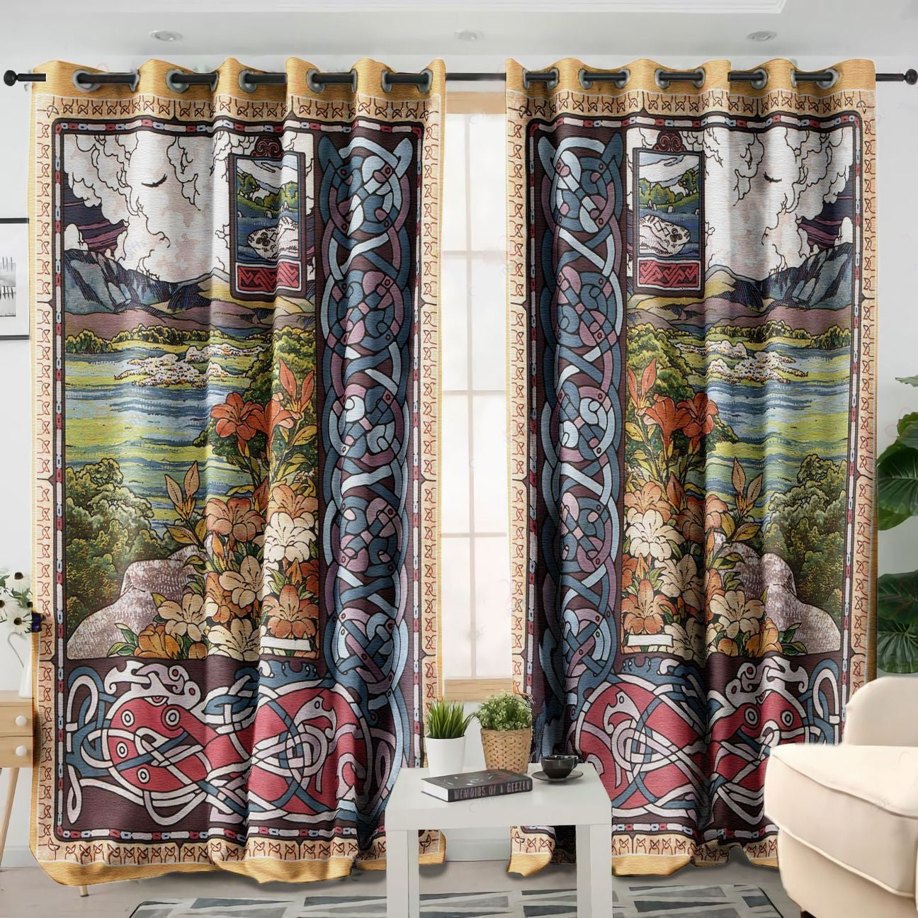 Awesome hoodied Flowers Viking Art Printed 3D Grommet Window Curtains NQC0028