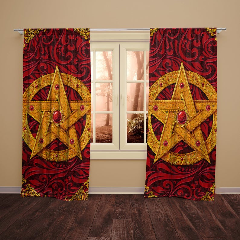Awesome Hoodied Gold Wicca Pentacle Curtains Home Decor All Printed 3D Grommet Window Curtains- NQC0027