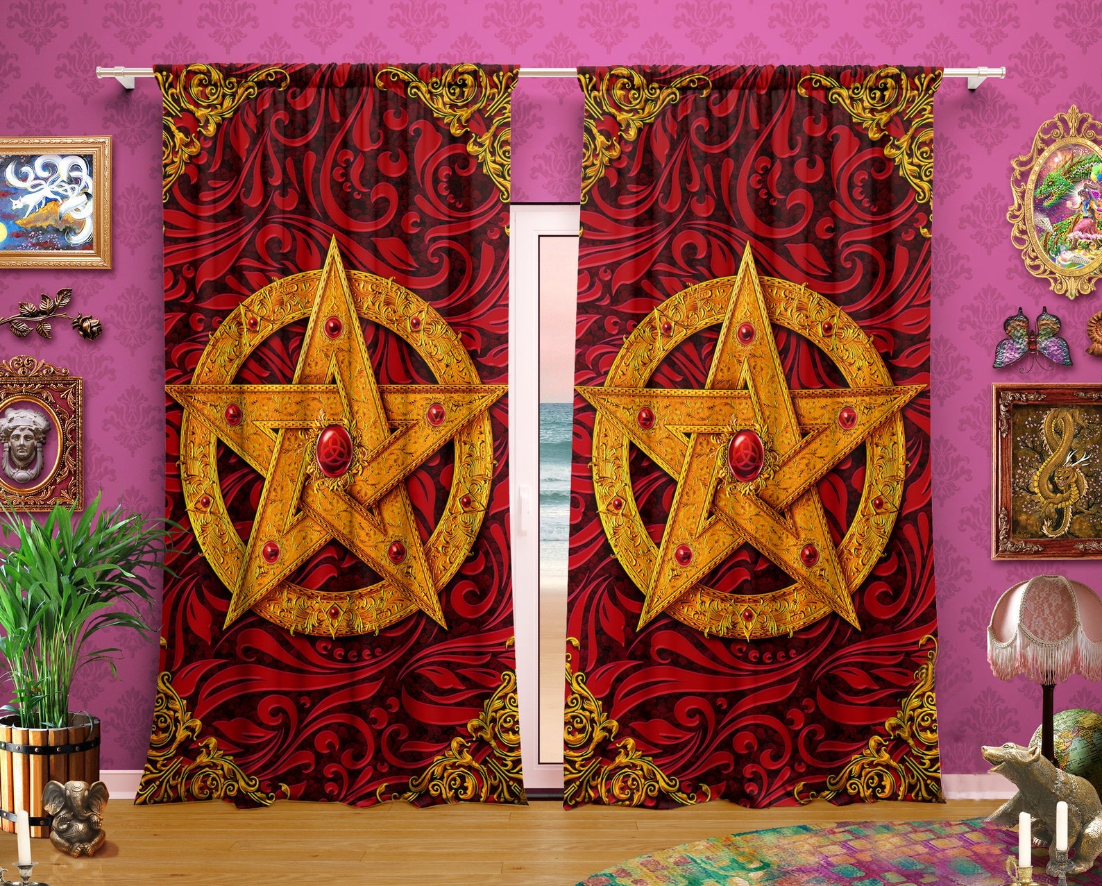 Awesome Hoodied Gold Wicca Pentacle Curtains Home Decor All Printed 3D Grommet Window Curtains- NQC0027
