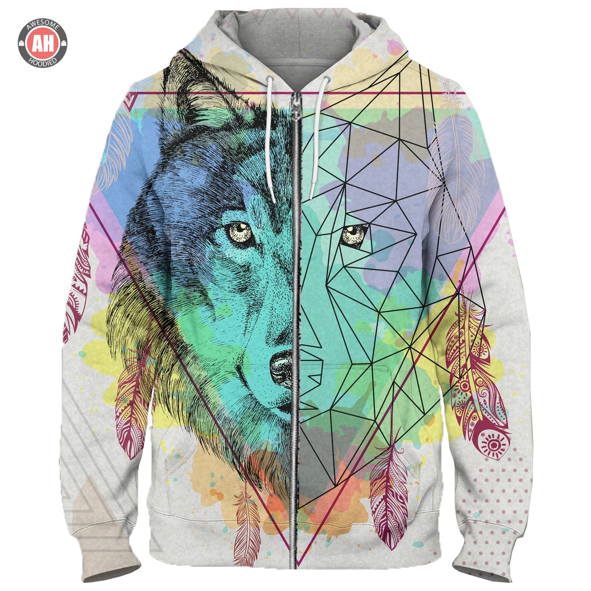 Awesome hoodie 3d all print Hanging Feathers Geometric Wolf Hoodie, Zip Hoodie NQ119