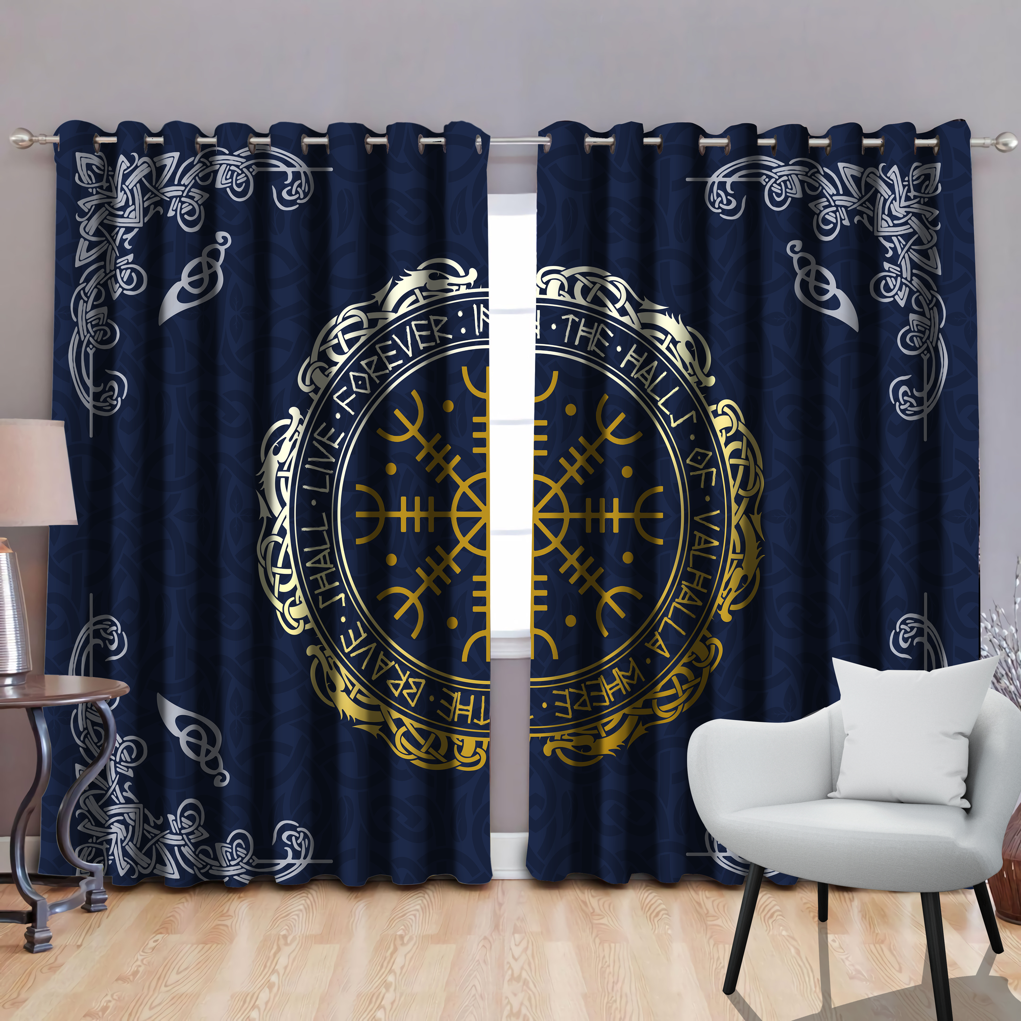 Awesome hoodied Pattern Viking All Printed 3D Grommet Window Curtains - HD18