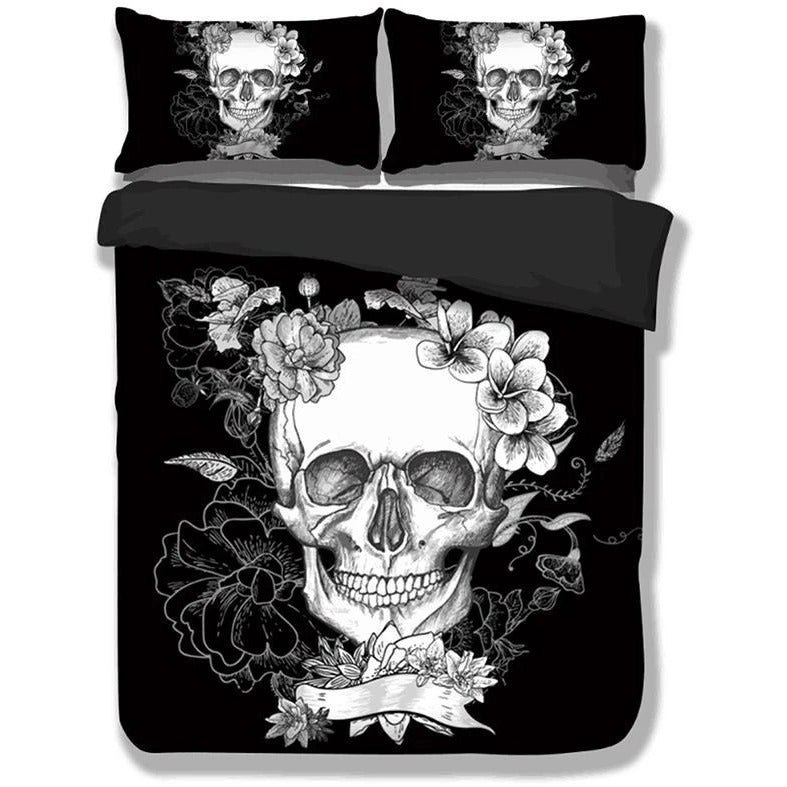 Awesome Hoodies - Black & White 3D Floral Skull Bedding Set - Cross Quilt Bedding QK31001