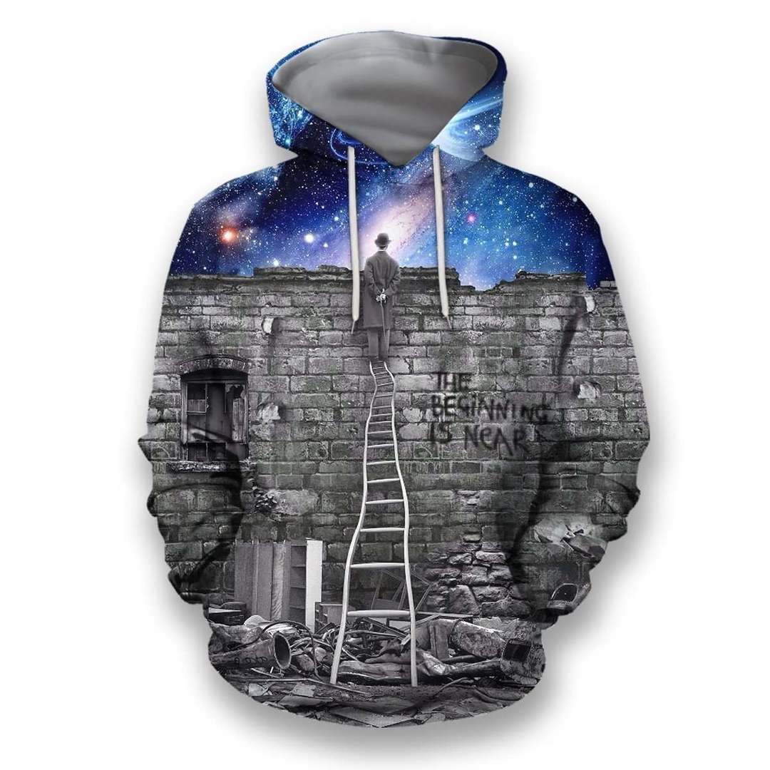 3D all over print man looking out galaxy