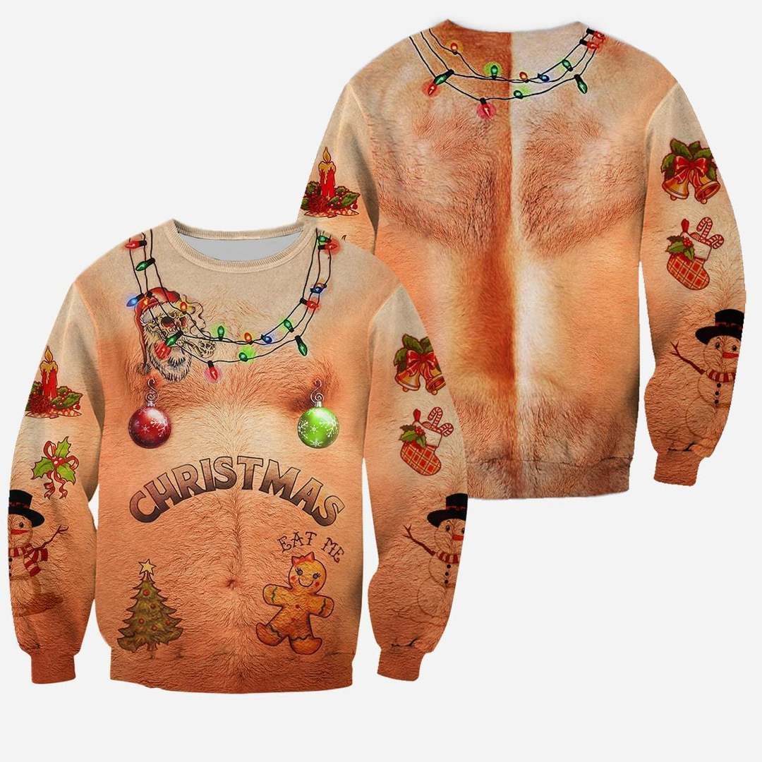 3D All Over Printed Hairy Chest and Tattoos Ugly Christmas Sweater Shirts and Shorts