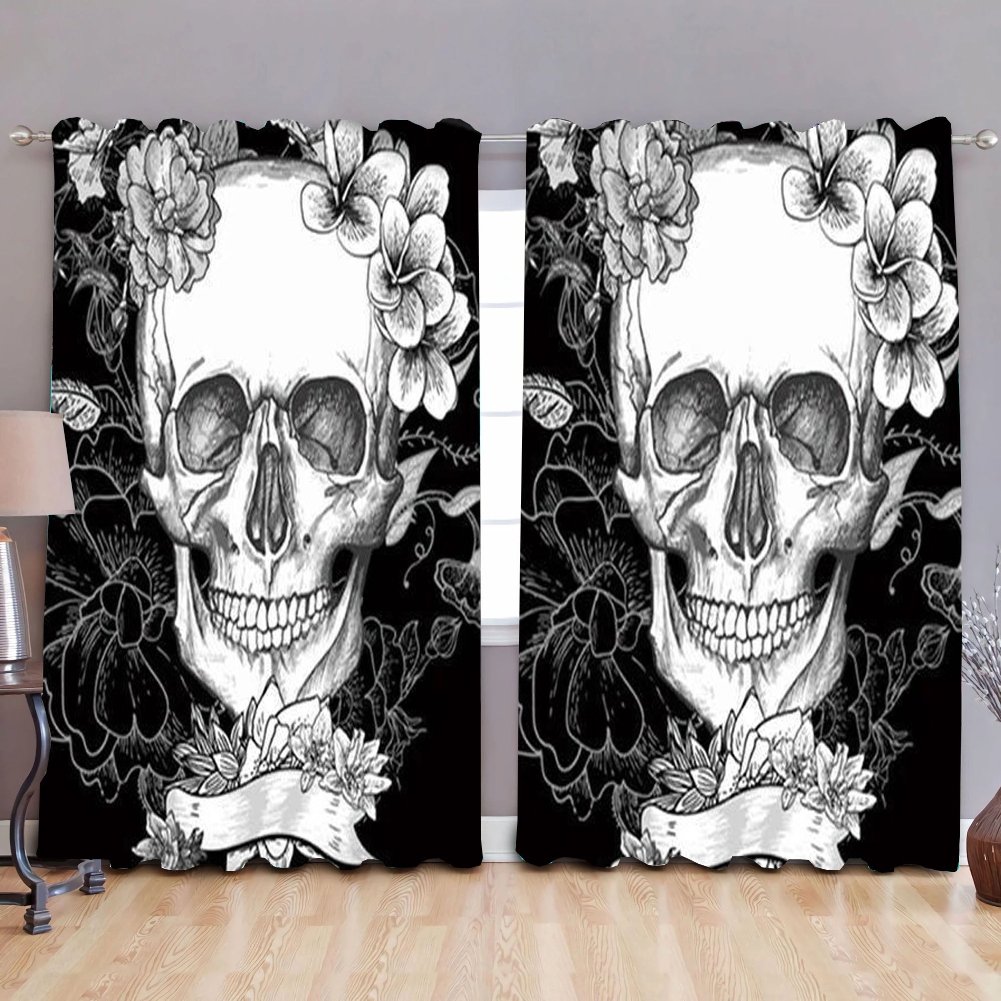 Awesome hoodies - Black & White 3D Floral Skull, Curtains - QK32001