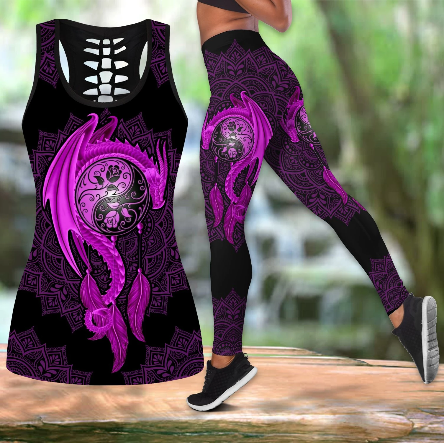 Awesome Hoodie 3D All Over Print Mandala Purple Dragon Tattoo Art Combo Tank + Legging NQLG001