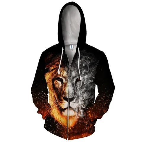 Awesome hoodie 3D ALL Print Flaming And Smoking Monochrome Lion Face -Men and Women Zip Hoodies- ND146