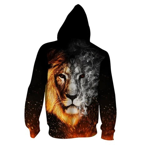 Awesome hoodie 3D ALL Print Flaming And Smoking Monochrome Lion Face -Men and Women Zip Hoodies- ND146
