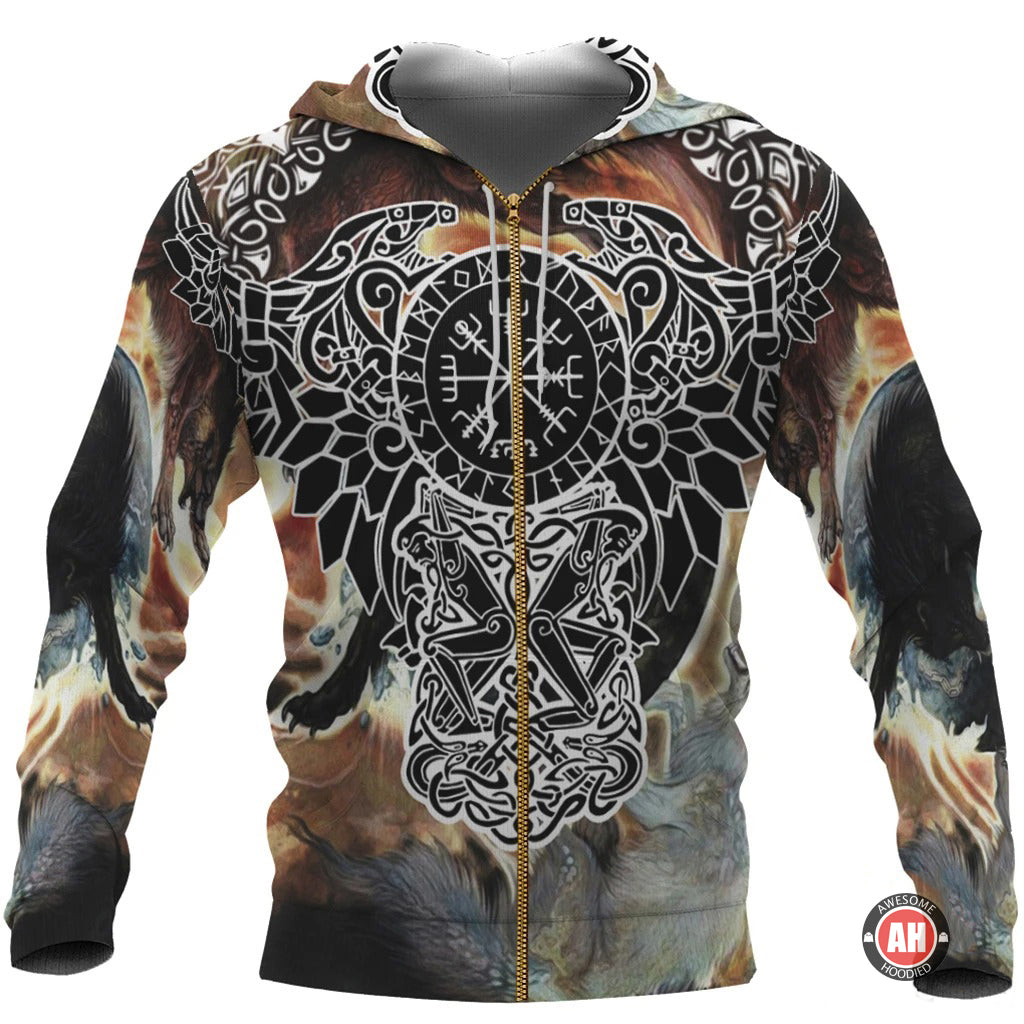 Awesome Hoodie 3D All Over Print Ravens Helm Of Awe Fenrir Skoll And Hati for Men and Women Hoodie & Zip Hoodies ND195