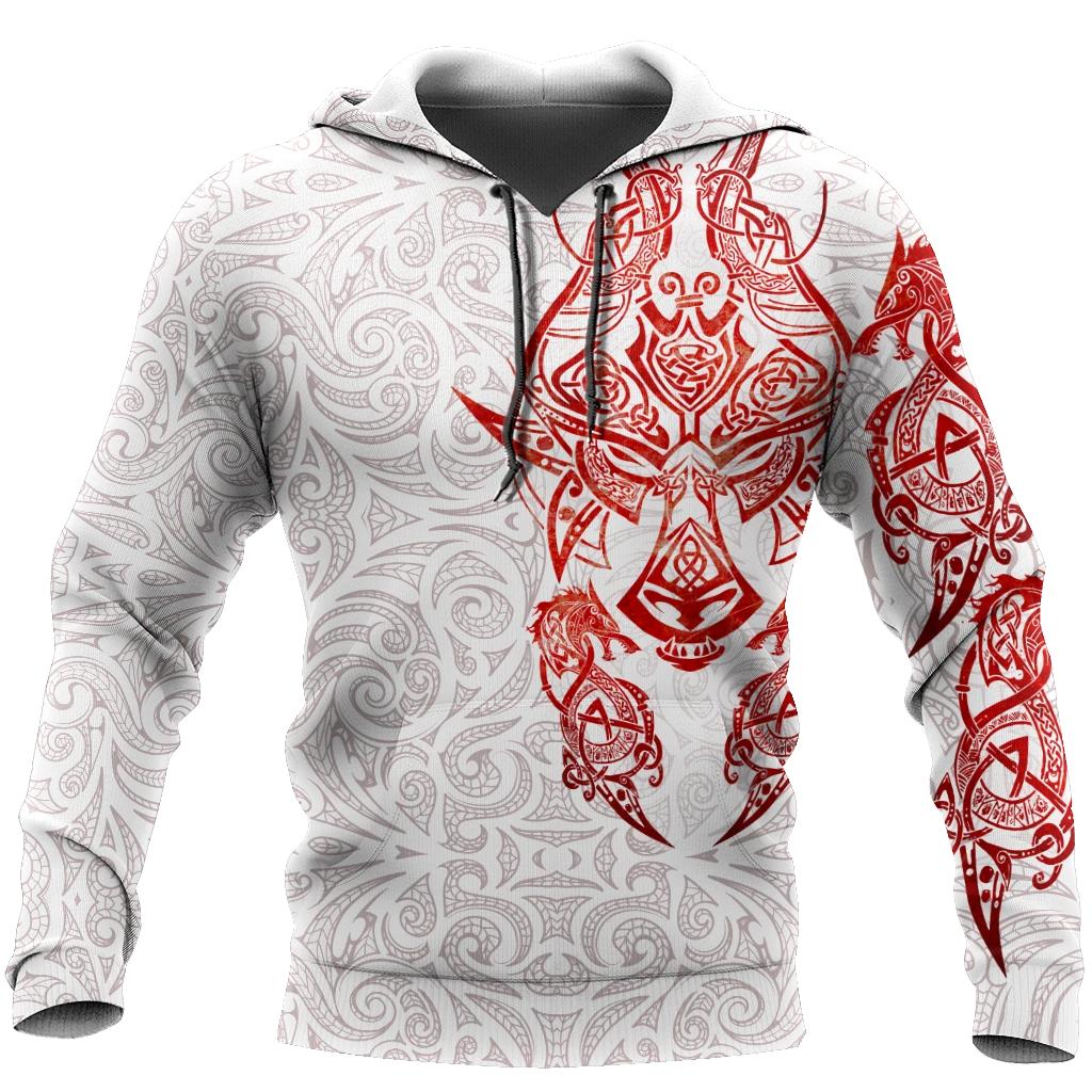 Awesome Hoodie 3D All Over Print Red & White Viking Fenrir Tattoo - Hoodie, T-Shirt, Zip Hoodies, Sweatshirt ND316