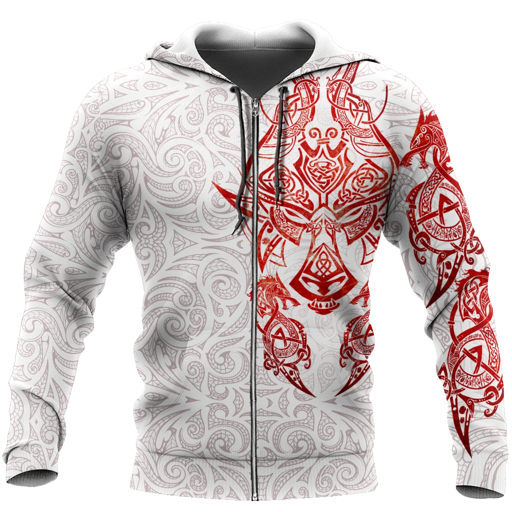 Awesome Hoodie 3D All Over Print Red & White Viking Fenrir Tattoo - Hoodie, T-Shirt, Zip Hoodies, Sweatshirt ND316