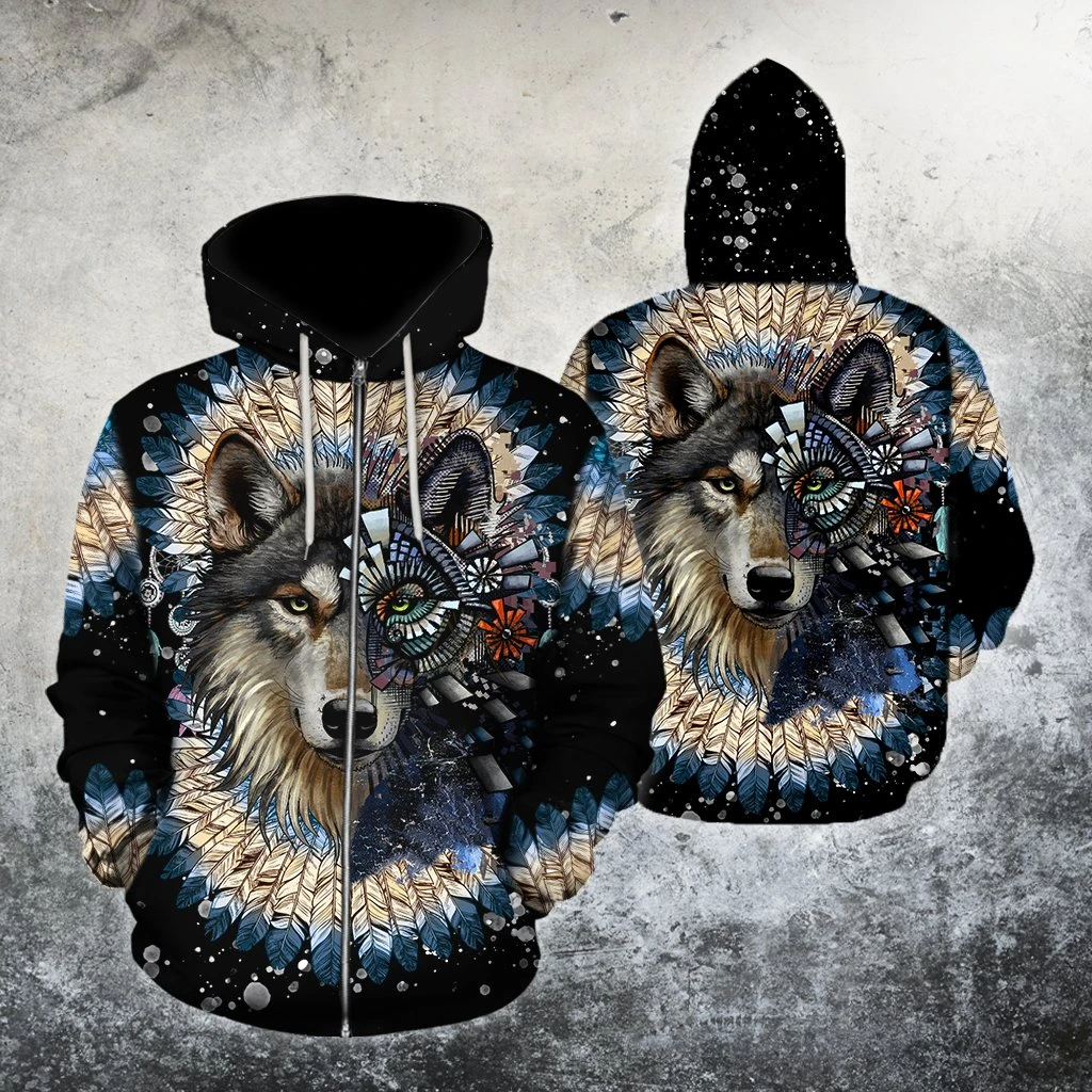 Awesome Hoodie 3D All Over Print Native Wolf- Hoodie, T-Shirt, Zip Hoodies, Sweatshirt ND327