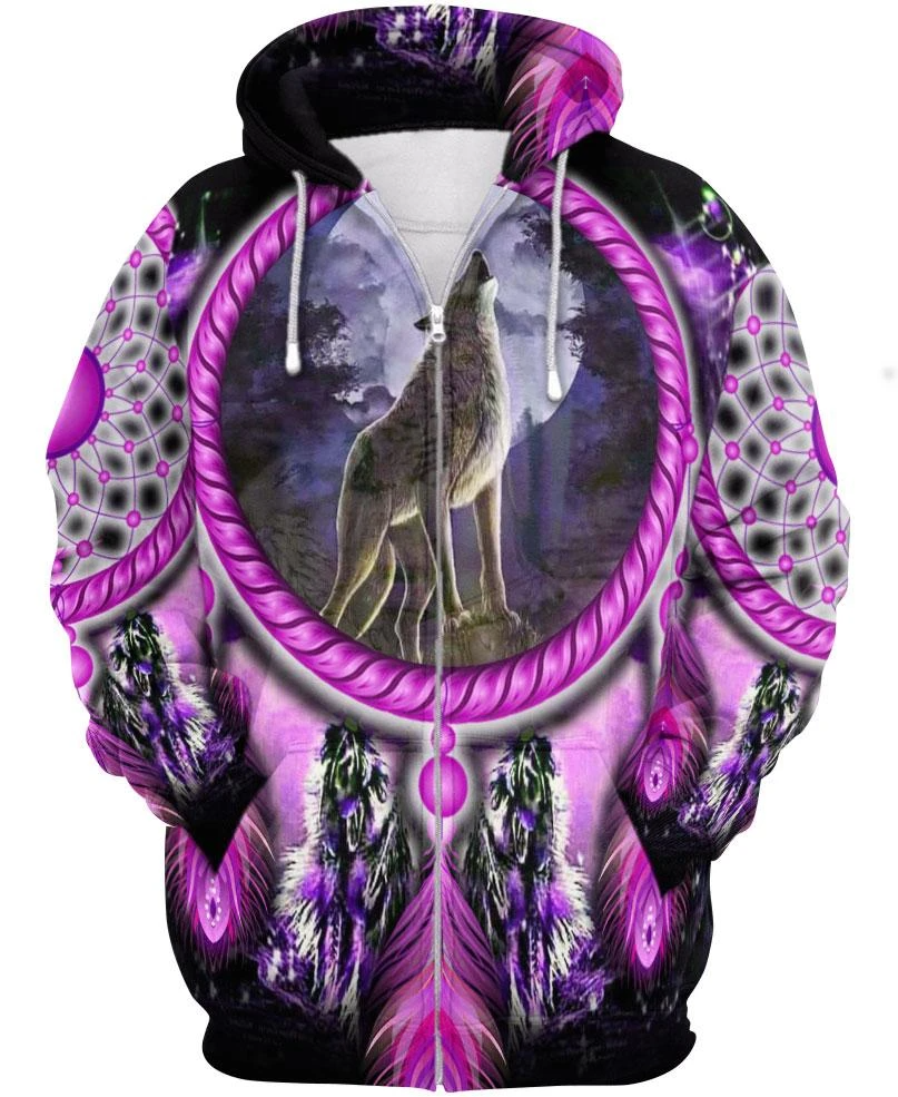 Awesome Hoodie 3D All Over Print Native American Wolf Violet - Hoodie, T-Shirt, Zip Hoodies, Sweatshirt ND353
