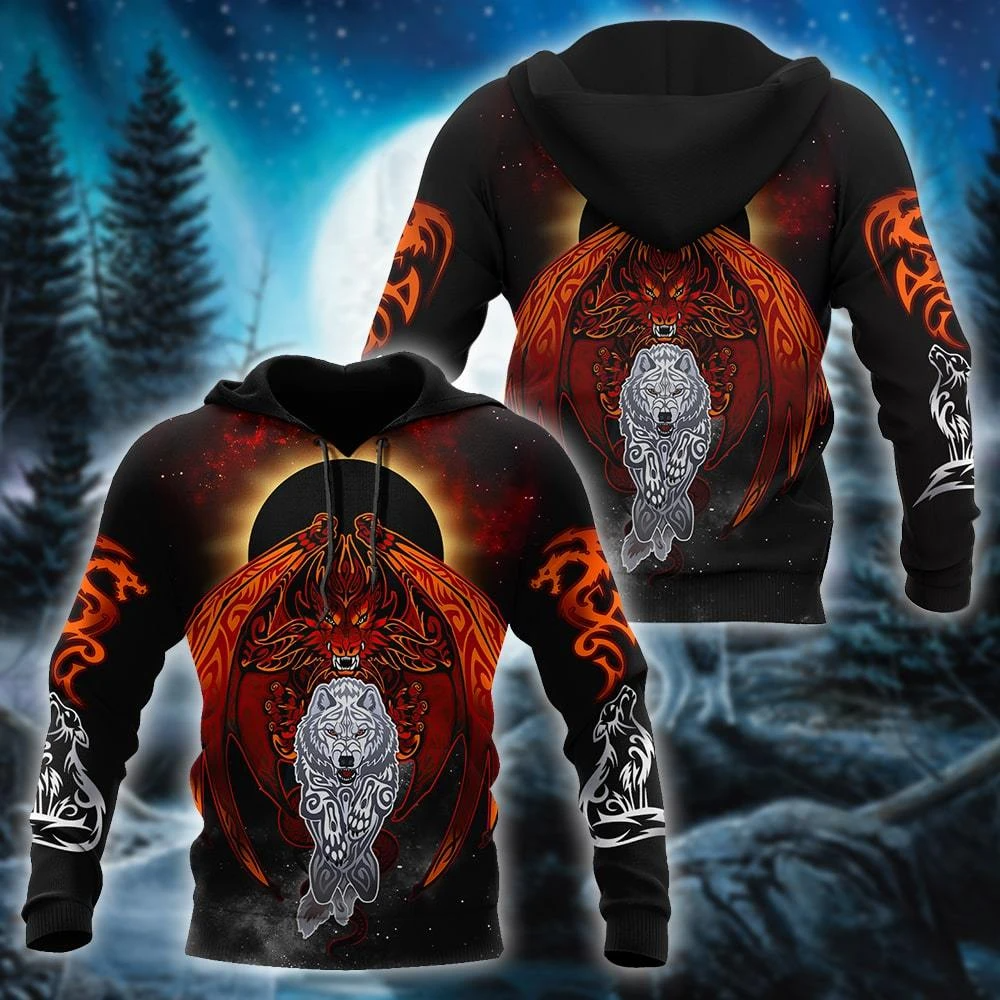 Awesome Hoodie 3D All Over Print Dragon and Wolf - Hoodie, T-Shirt, Zip Hoodies, Sweatshirt ND359