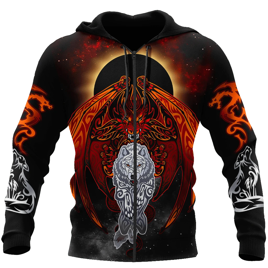 Awesome Hoodie 3D All Over Print Dragon and Wolf - Hoodie, T-Shirt, Zip Hoodies, Sweatshirt ND359