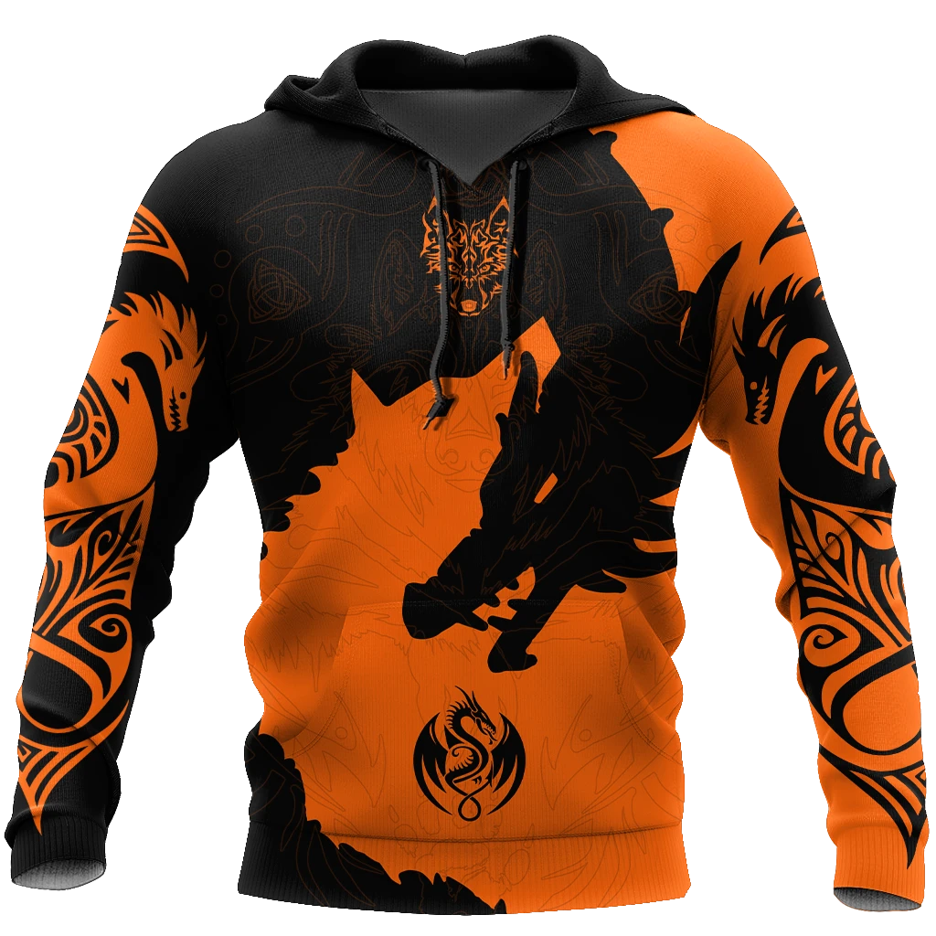 Awesome hoodie 3d all print Orange tattoo dragon and wolf for Men and Women, T-Shirt, Zip Hoodies, Sweatshirt NQ161