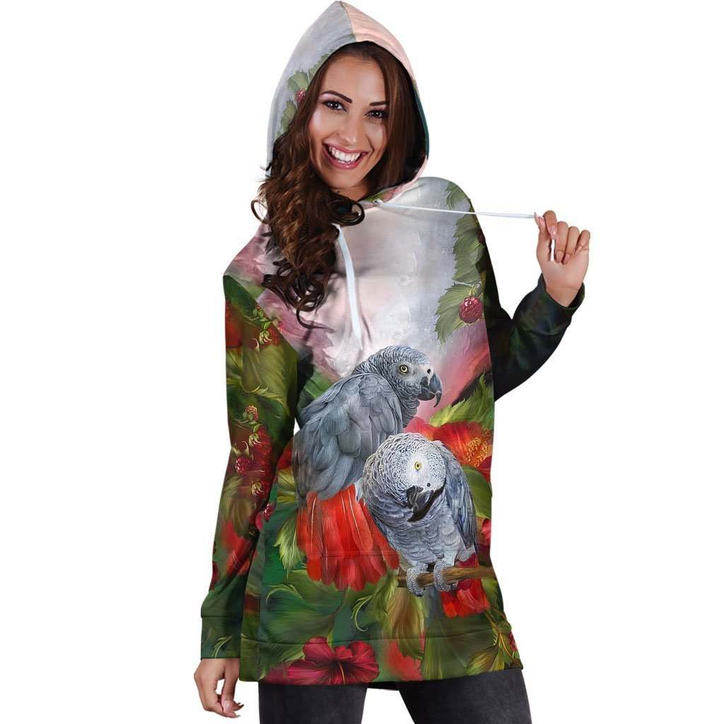 All Over Printed Parrots Hoodie Dress H2139B