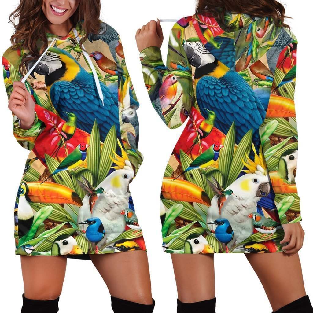 All Over Printed Parrots Hoodie Dress