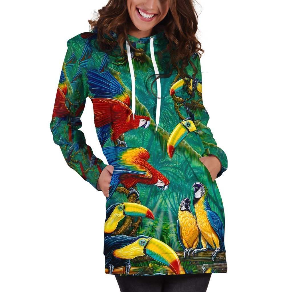 All Over Printed Parrots Hoodie Dress H211B