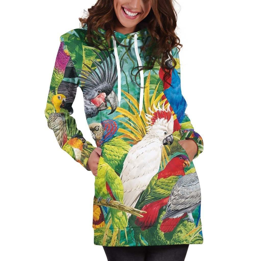 All Over Printed Parrots Hoodie Dress H144B