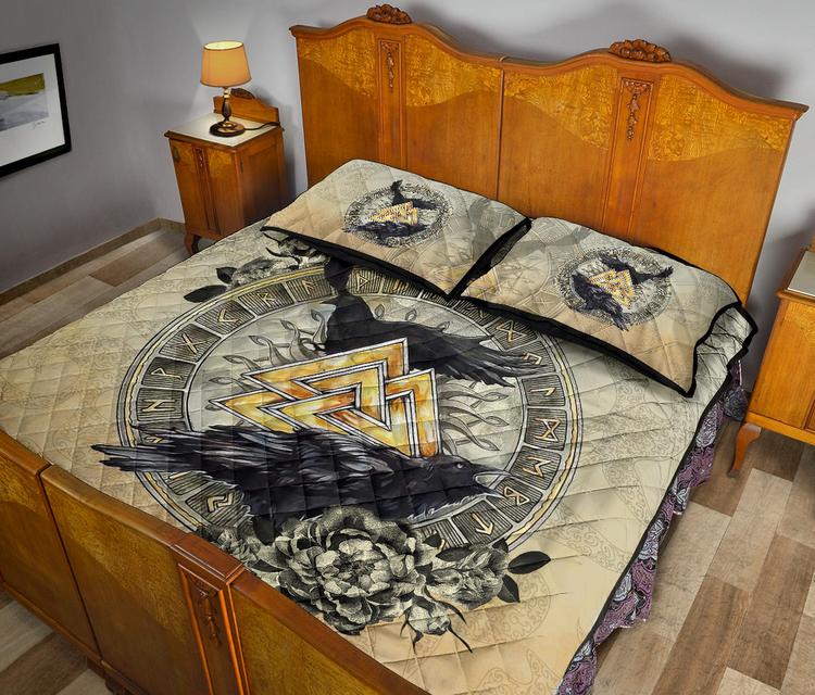 Awesome Hoodied Viking Quilt Bed Set, Raven Valknut Tree Of Life Rune Circle-VNBD0003