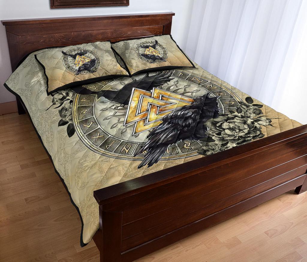 Awesome Hoodied Viking Quilt Bed Set, Raven Valknut Tree Of Life Rune Circle-VNBD0003
