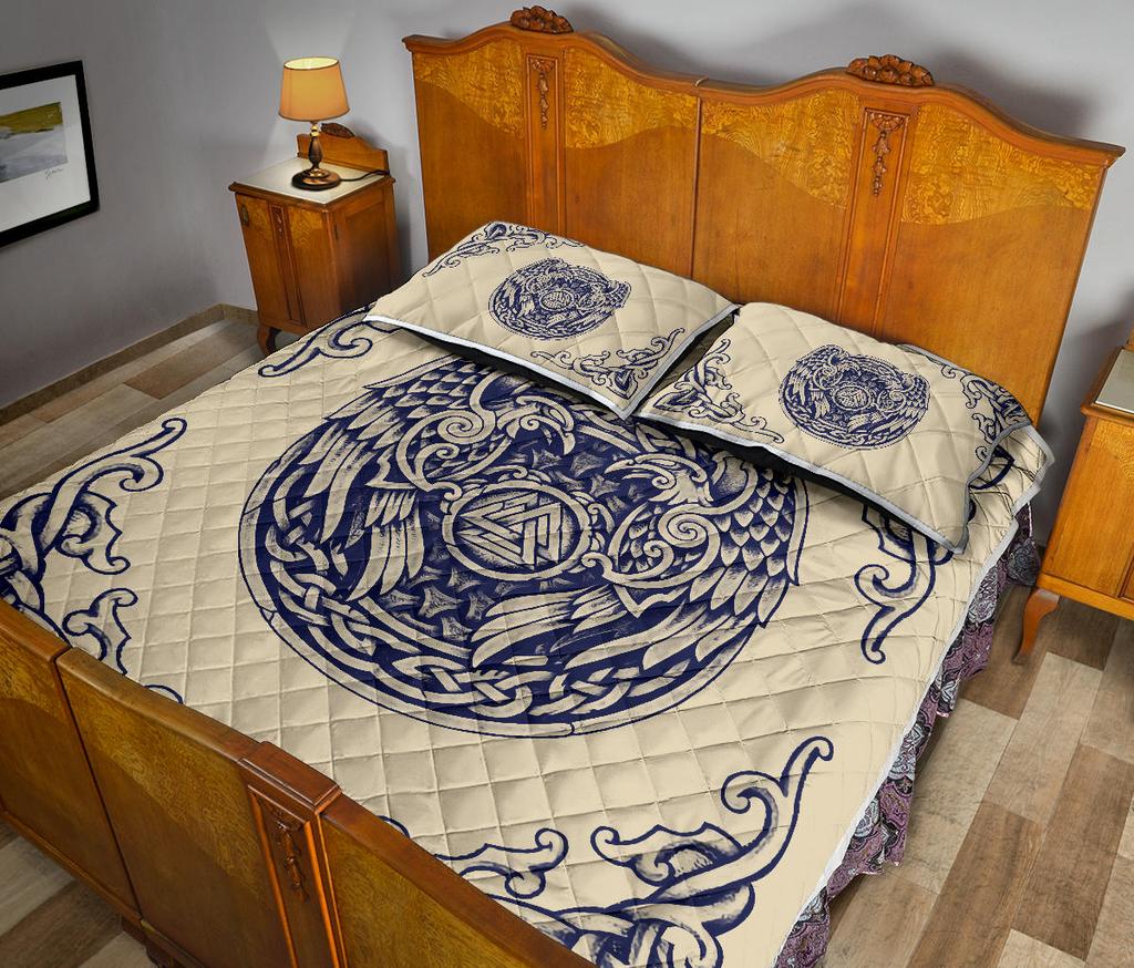 Awesome Hoodied Viking Quilt Bed Set, Valknut Huggin And Muninn - VNBD0005