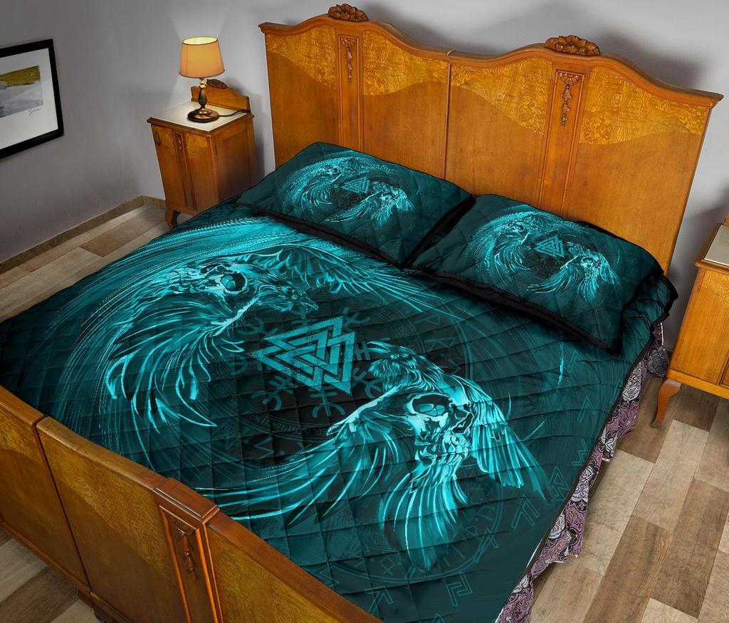Awesome Hoodied Viking Quilt Bed Set, Ravens Skull Helm Of Awe Valknut - VNBD0006