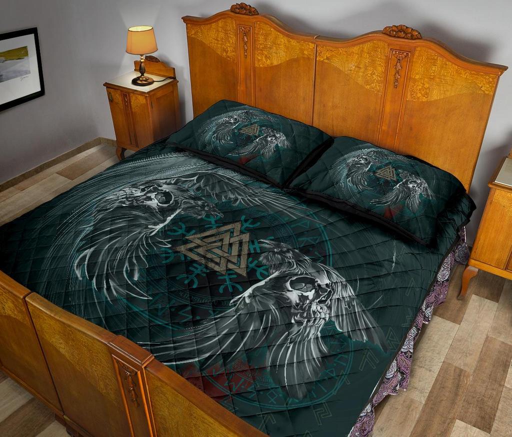 Awesome Hoodied Viking Quilt Bed Set, Ravens Skull Helm Of Awe Valknut - VNBD0007