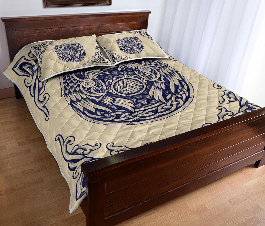Awesome Hoodied Viking Quilt Bed Set, Valknut Huggin And Muninn - VNBD0005