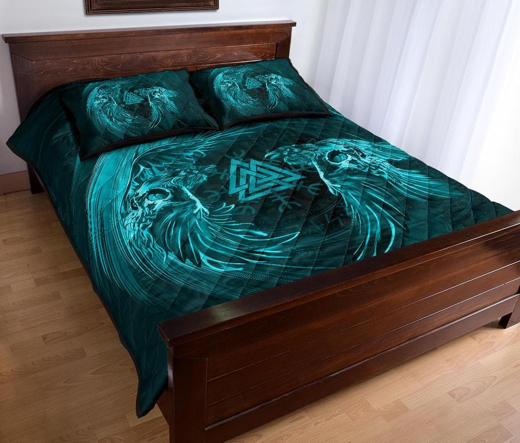 Awesome Hoodied Viking Quilt Bed Set, Ravens Skull Helm Of Awe Valknut - VNBD0006