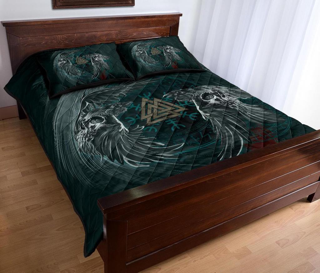 Awesome Hoodied Viking Quilt Bed Set, Ravens Skull Helm Of Awe Valknut - VNBD0007