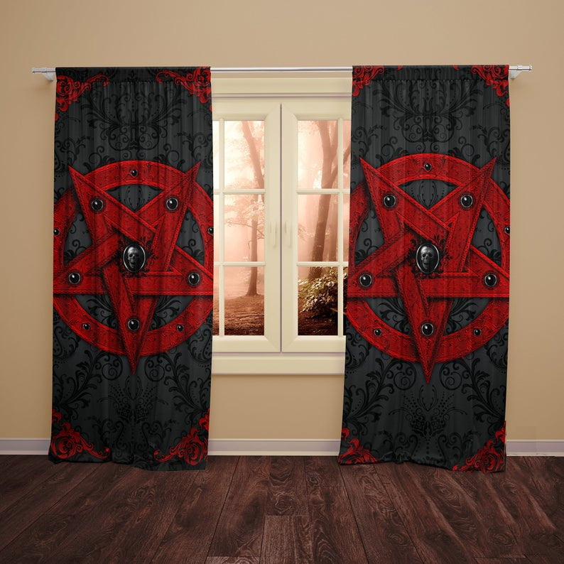 Awesome Hoodied Red Pentagram Curtains All Printed 3D Grommet Window Curtains- NQC0026