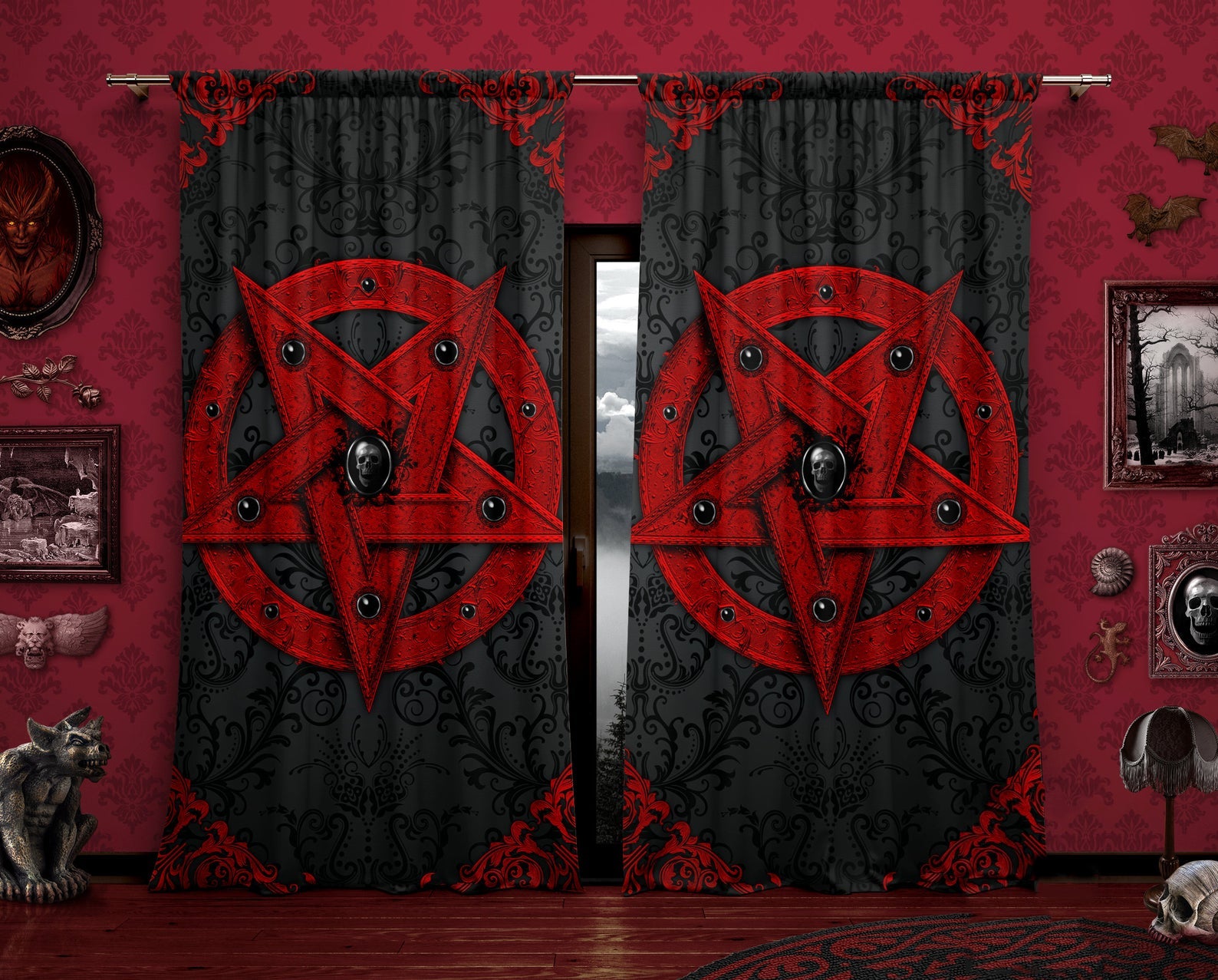 Awesome Hoodied Red Pentagram Curtains All Printed 3D Grommet Window Curtains- NQC0026