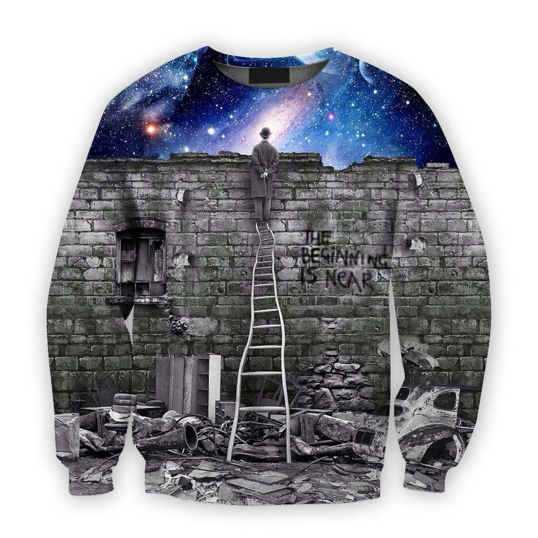 3D all over print man looking out galaxy