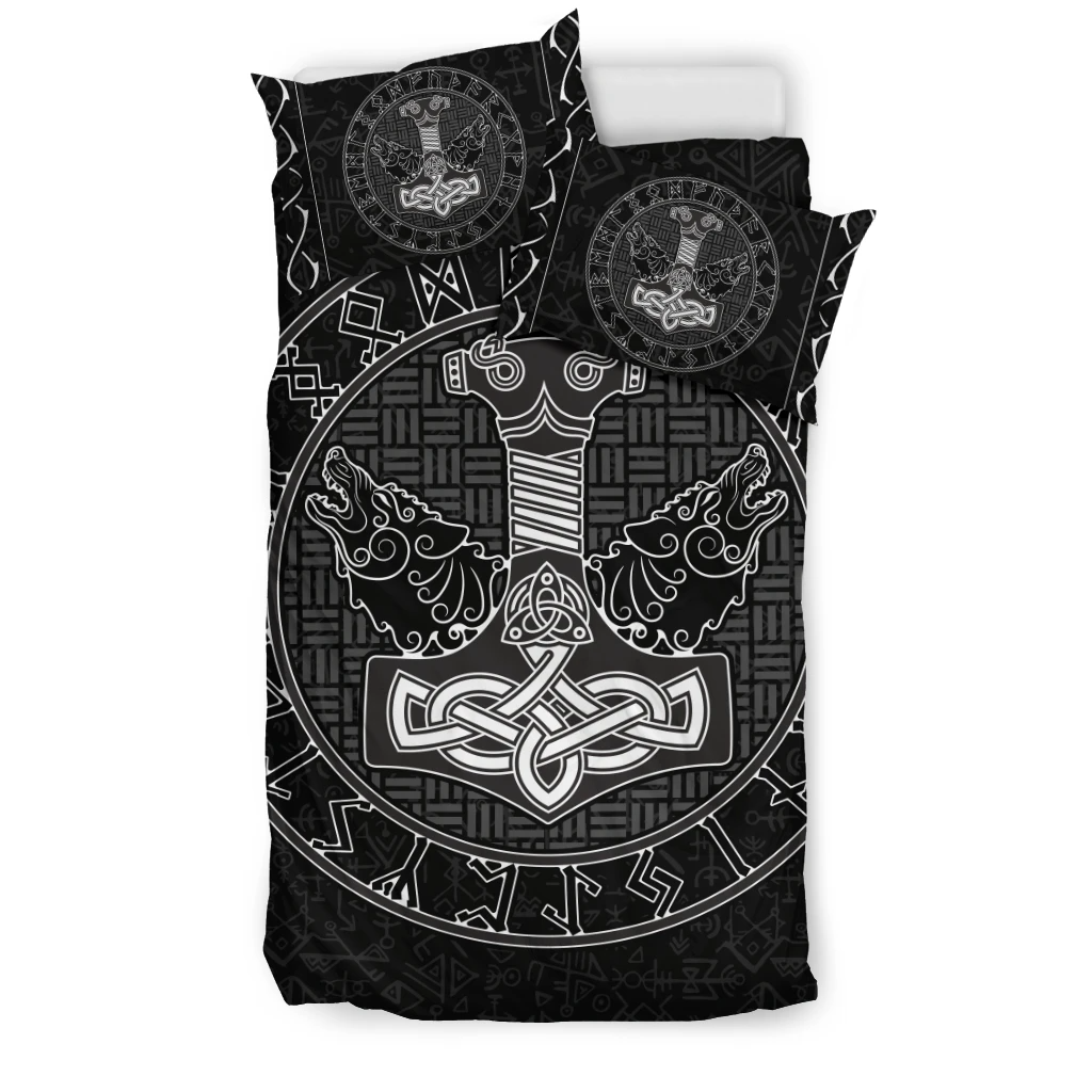 Awesome Hoodied 3D all over print Viking Bedding Set, Thor'S Hammer With Wolf Bedding Sets NQBS0031