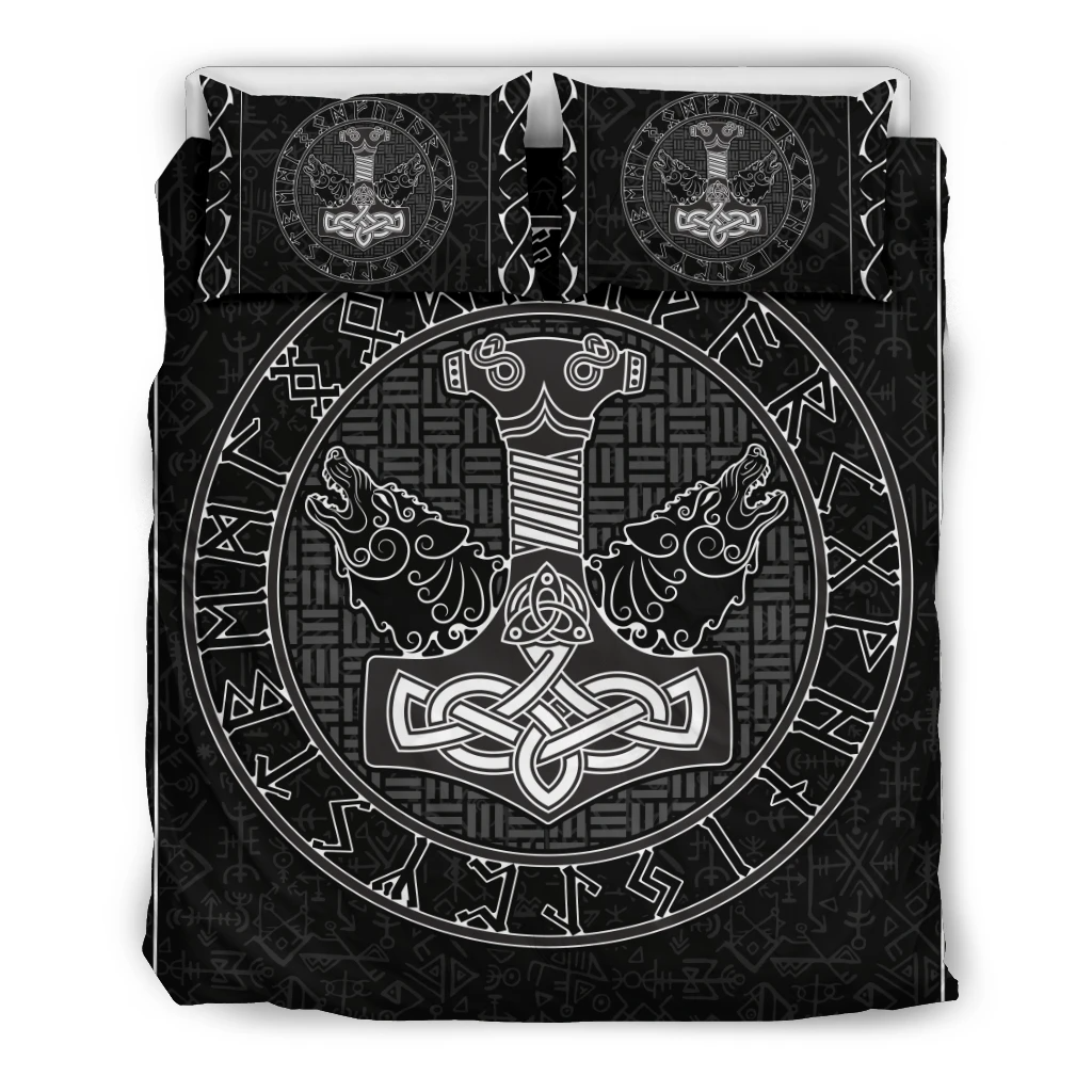 Awesome Hoodied 3D all over print Viking Bedding Set, Thor'S Hammer With Wolf Bedding Sets NQBS0031