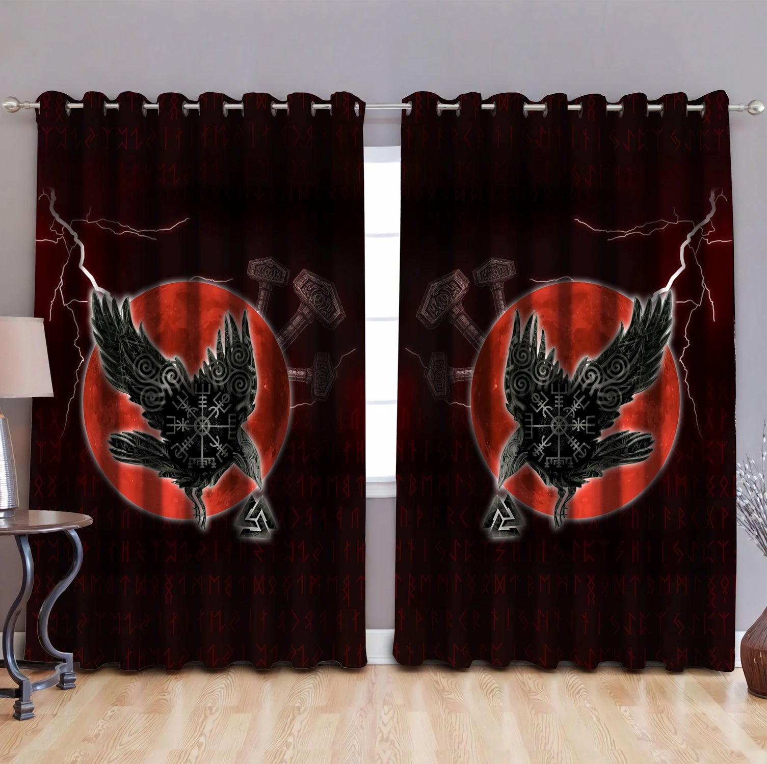 Awesome hoodie  Vikings - Raven Helm Of Awe Valknut Mjolnir Rune Thermal Printed 3D Grommet Window Curtains THC010