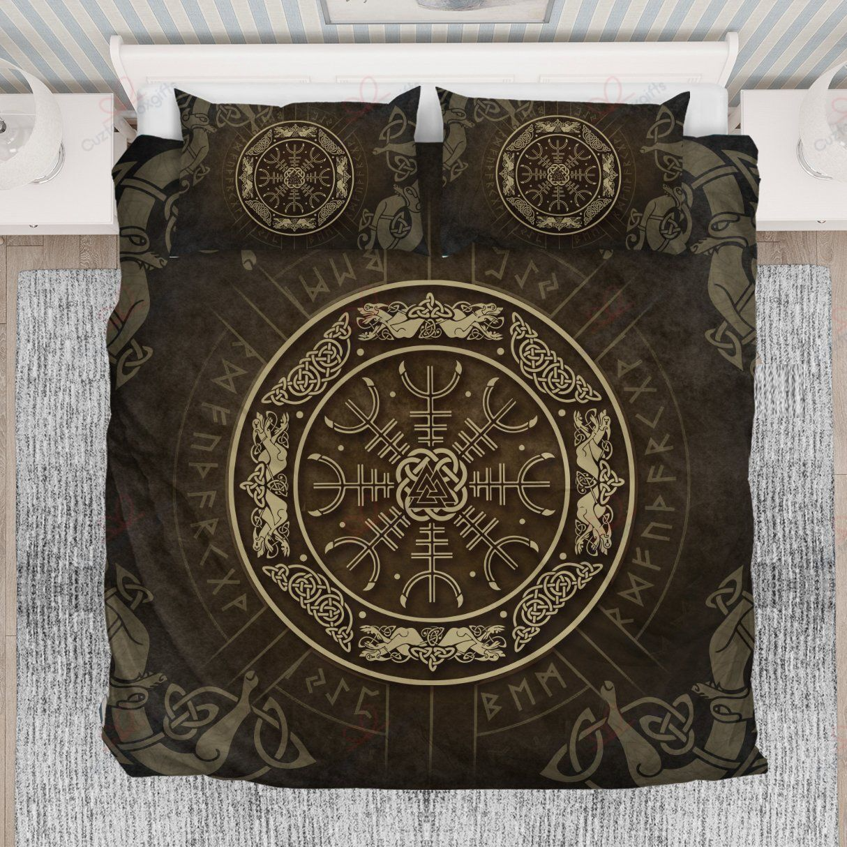 Awesome Hoodied 3D all over print Viking Bedding Set, Helm Of Awe Rune Bedding Sets NQBS0024