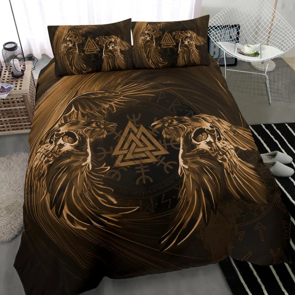 Awesome Hoodied 3D all over print Viking Bedding Set, Odin's Raven Skull Valknut Helm Bedding Sets NQBS0016