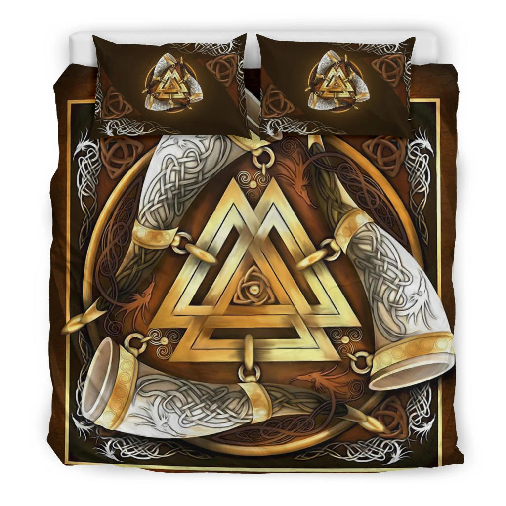 Awesome Hoodied 3D all over print Viking Bedding Set, Odin's Raven Skull Valknut Helm Bedding Sets NQBS0017