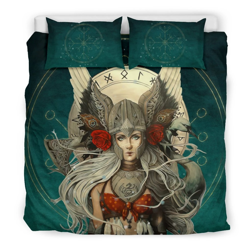 Awesome Hoodied 3D all over print Viking Bedding Set, Valkyrie Helm Of Awe Rune Circle Bedding Sets NQBS0015