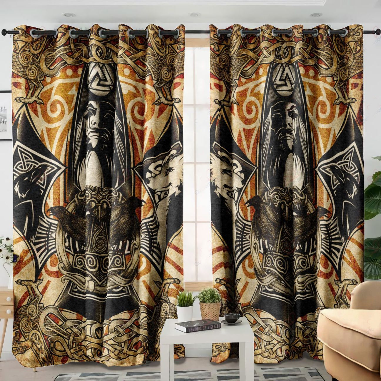 Awesome hoodied Viking Raven Printed 3D Grommet Window Curtains NQC0035