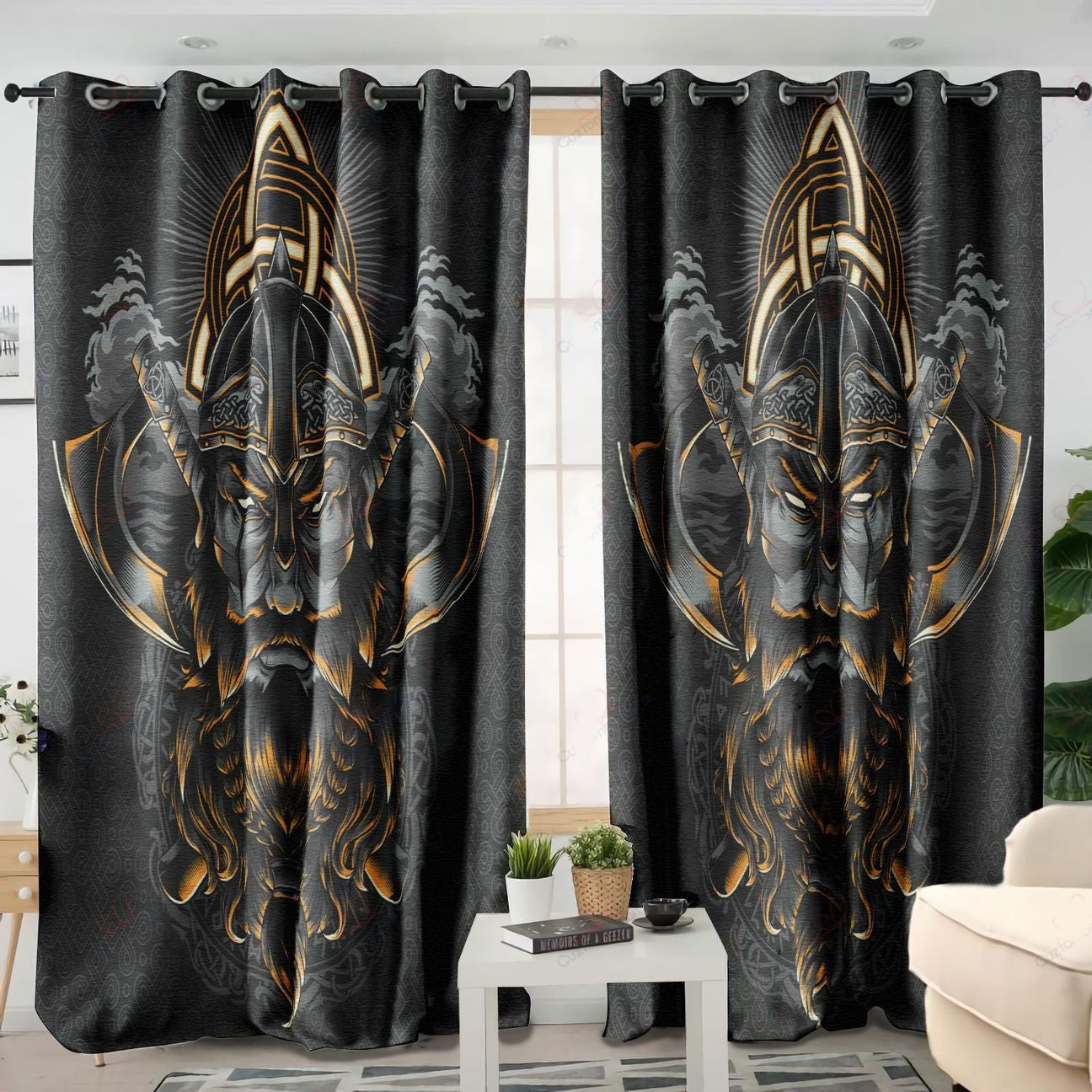 Awesome hoodied Viking Warrior Printed 3D Grommet Window Curtains NQC0037