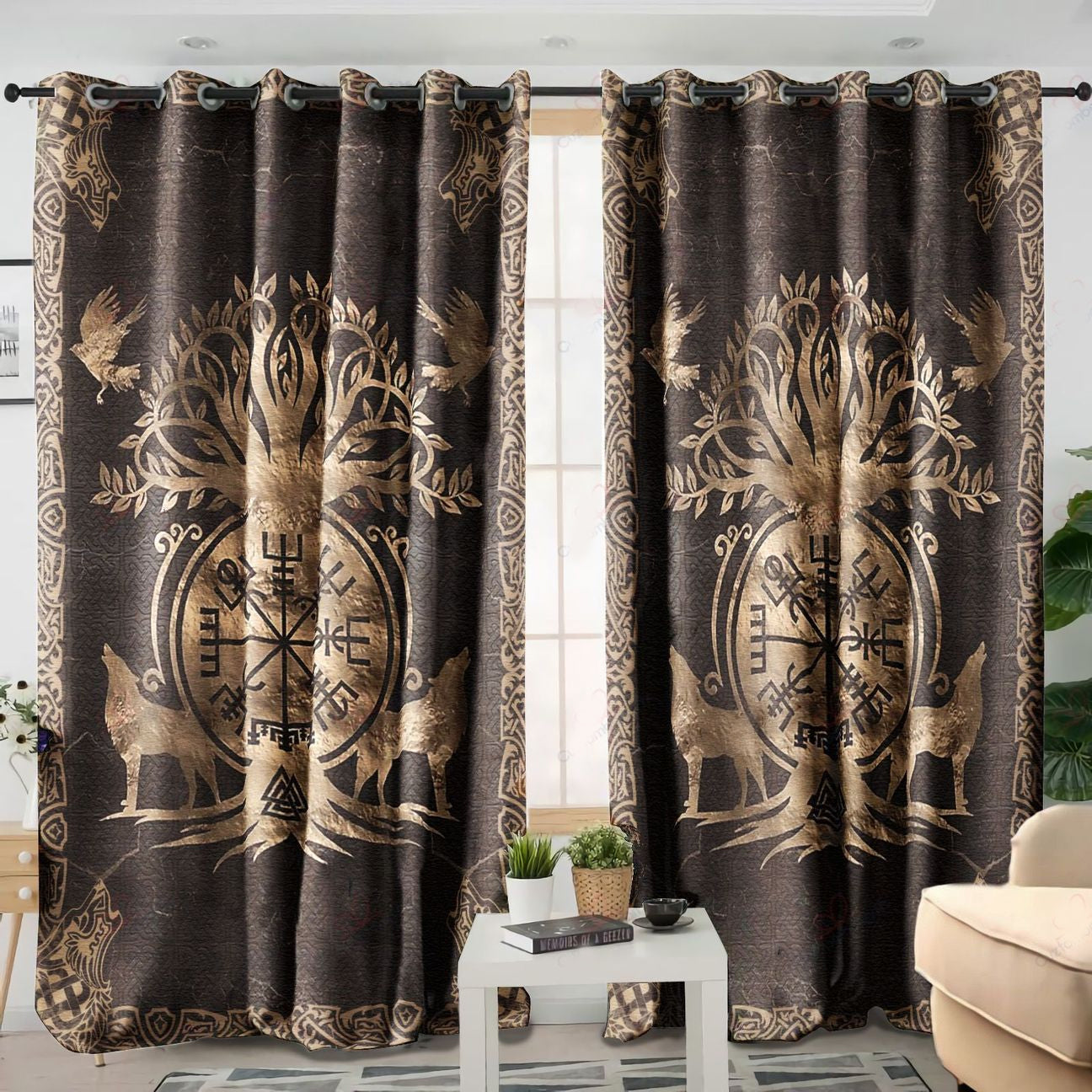 Awesome hoodied Viking Wolf Printed 3D Grommet Window Curtains NQC0038