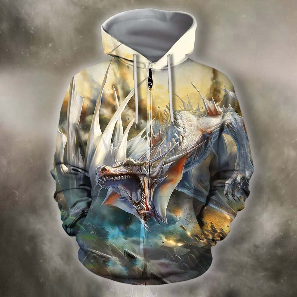 3D All Over Printing White Dragon Shirts