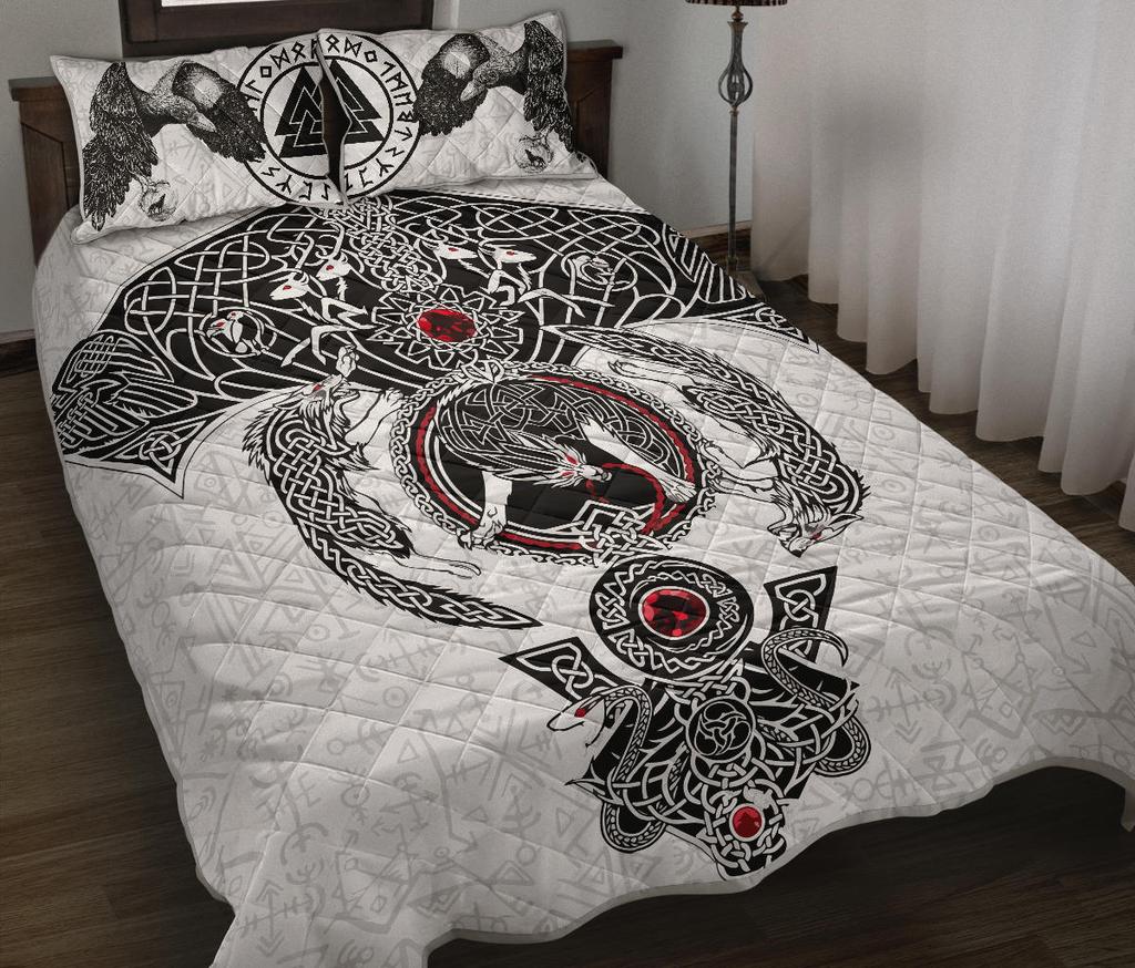 Awesome Hoodied Viking Quilt Bed Set White, Odin's Ravens Fenrir Skoll And Hati Valknut-VNBD0001