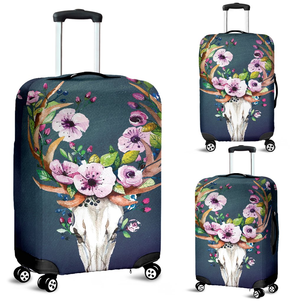 Awesome Hoodied Deer Skull And Flowers Luggage Cover For Everyone KHDSF